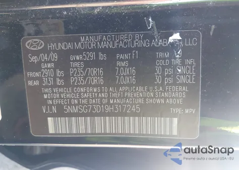 2009 Hyundai Santa Fe Gls z USA, uszkodzony, nr VIN 5NMSG73D19H317245